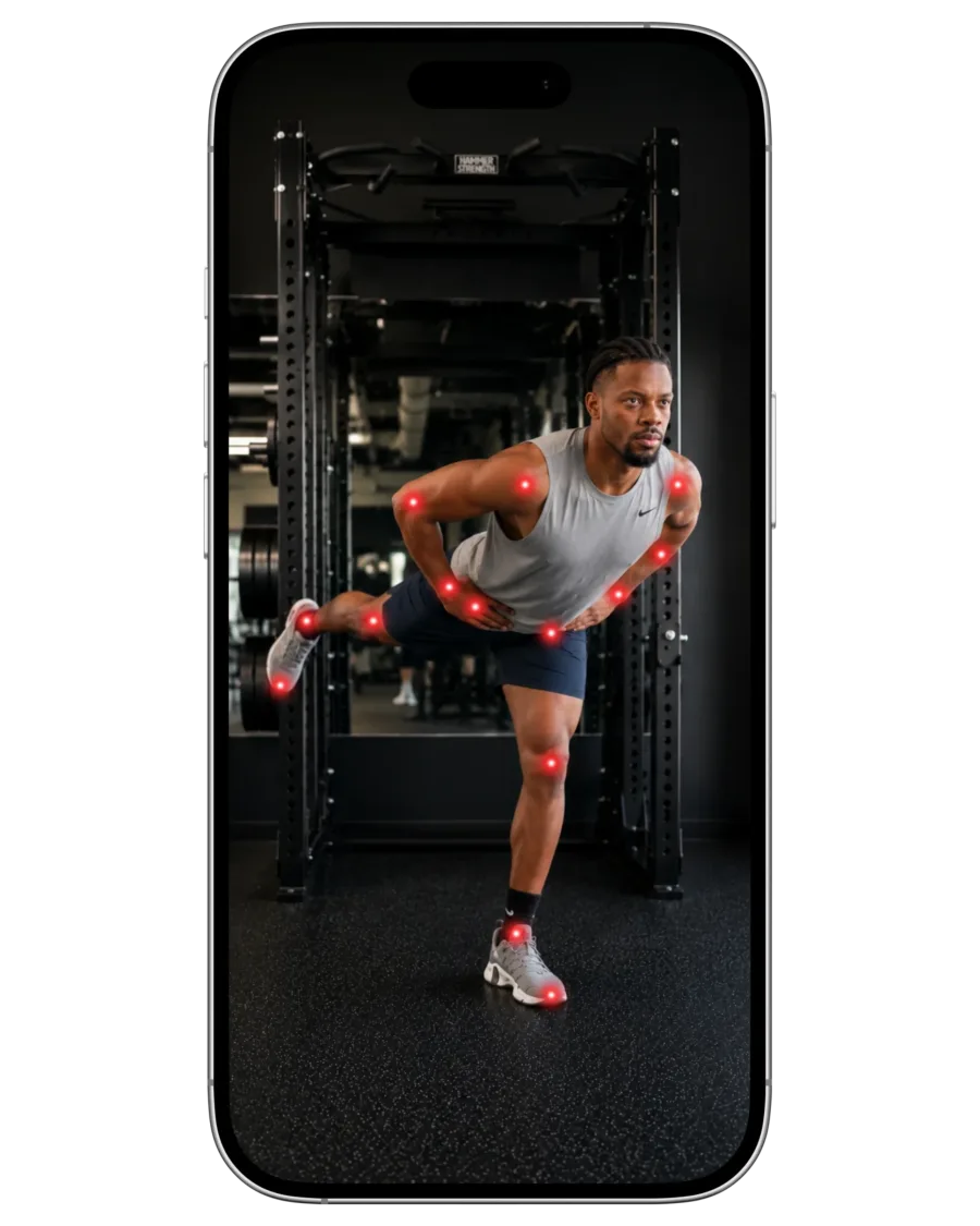Phone screen tracking joint positions during a single-leg hinge