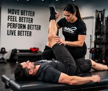 Coach providing an assisted mobility stretch on a training table
