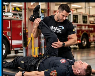Mobile Stretch Coach working with a firefighter at a station
